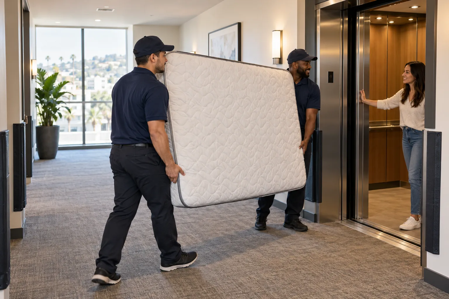 Two movers carrying a mattress toward an apartment elevator